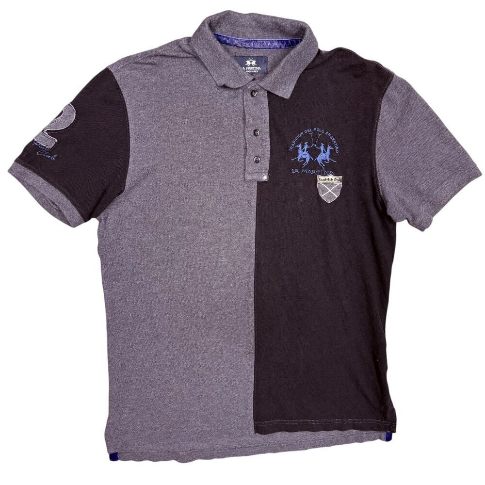 La Martina Polo Shirt Black/Grey Short Sleeve Embroidered Small
